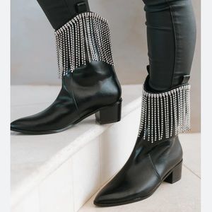 Chase + Chloe Black Rhinestone Tassel Ankle Cowboy Boots Taylor Swift Eras Tour